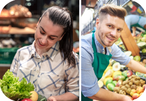 Ung kvinne som ser på grønnsaker og en ung mann foran fruktdisken.