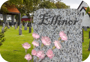 Gravsten på gravlund, med blomster på.