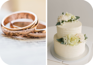 To gullringer og en brullupskake.