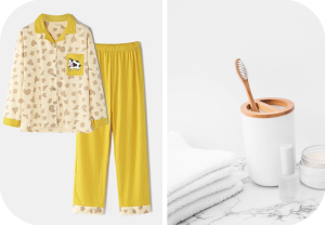 Todelt pysjamas og tannbørste i glass.