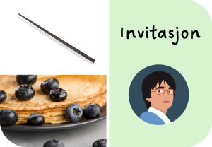 Invitasjonskort med potter-figurer og bilde av blåbærpannekaker.